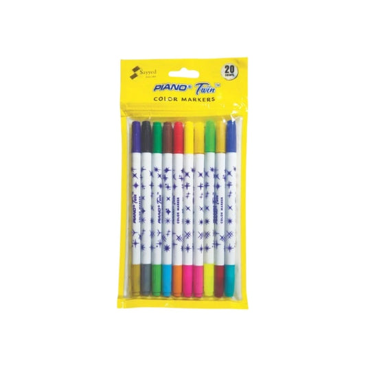 Pack of 10 double-tip markers in 20 assorted vibrant colors with water-based non-toxic ink, ideal for writing, coloring, and decorating on any surface