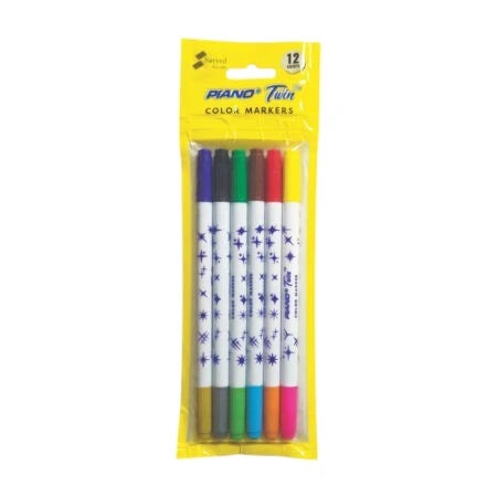Pack of 6 double-tip markers in 12 assorted colors with durable fiber-tips and non-toxic water-based ink, ideal for drawing, coloring, and writing.
