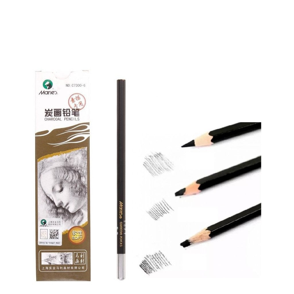 Marie s Charcoal Pencil 4pcs Soft Medium Hard Extra soft Graphite lead core, not easily break Hexagonal penholder Exquisite lead, smooth pen movement, clear gray scale, easy to erase Free cut wood The charcoal core is thick and soft, and the wood treatment is delicate, easy to cut and not easy to break the core