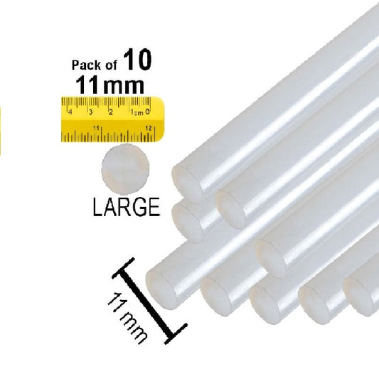 Shop our pack of 10 large glue sticks, specifically made for 11mm glue guns. Ideal for various projects, ensuring a strong and reliable bond every time.
