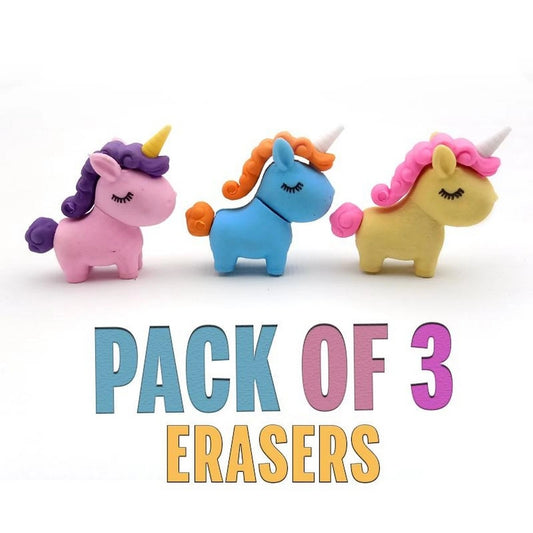 Shop our charming pack of 3 3D unicorn erasers, designed for students and office use. An ideal gift for girls who enjoy unique and elegant stationery.