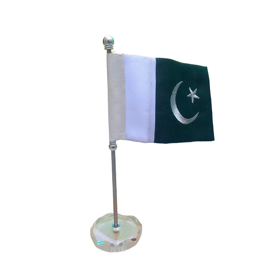 Our Pakistan Table Flag with a crystal transparent base stand is the perfect addition to any executive office or school, combining functionality with elegance.