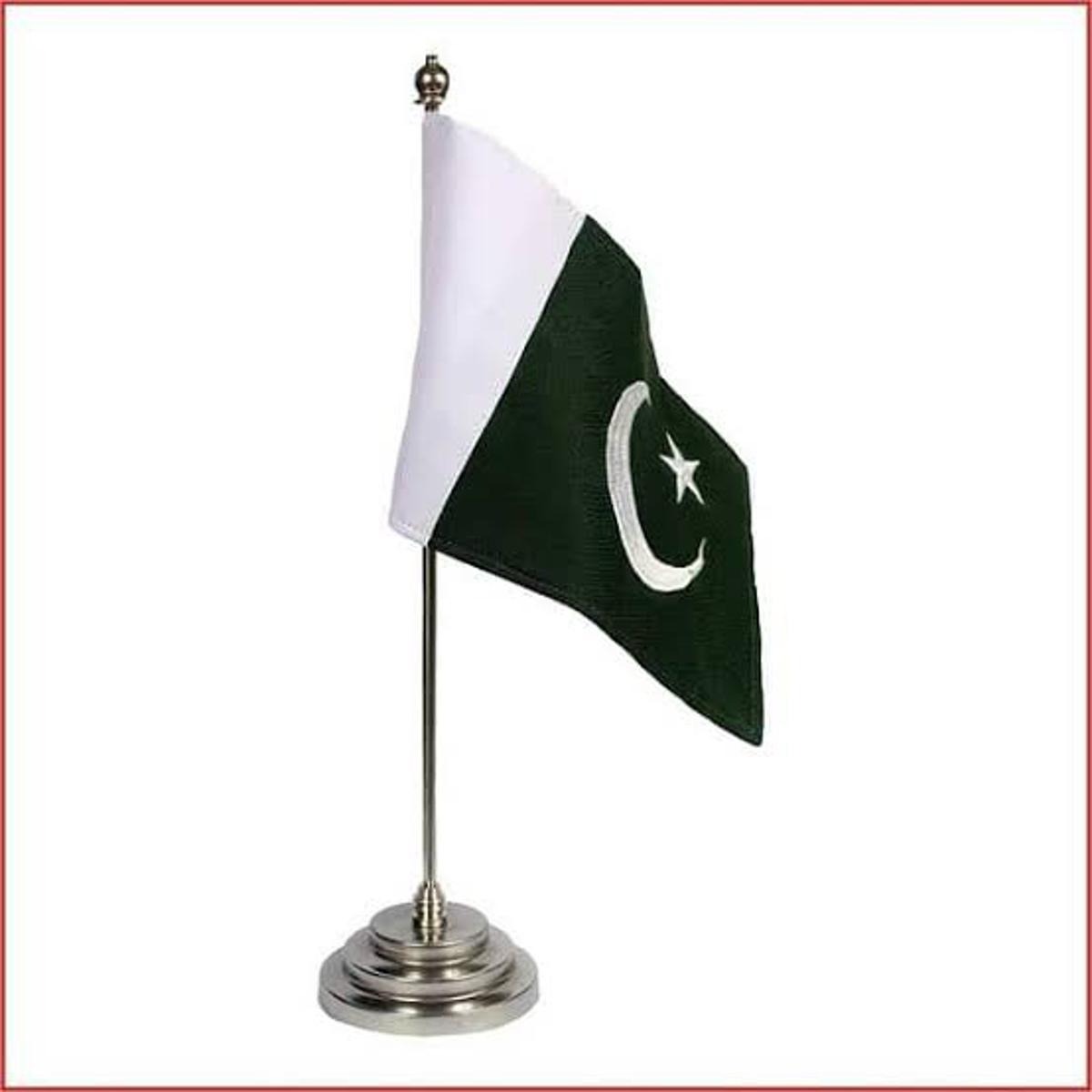 Shop our Pakistan Table Flag with a robust metal base stand, designed for executive offices and educational institutions. A stylish addition to any desk.
