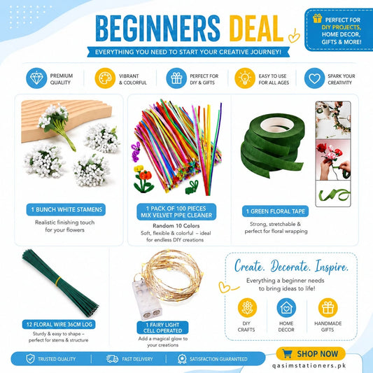 Pipe cleaner beginners craft kit with pipe cleaners, floral tape, stamens, floral wire, and fairy lights
