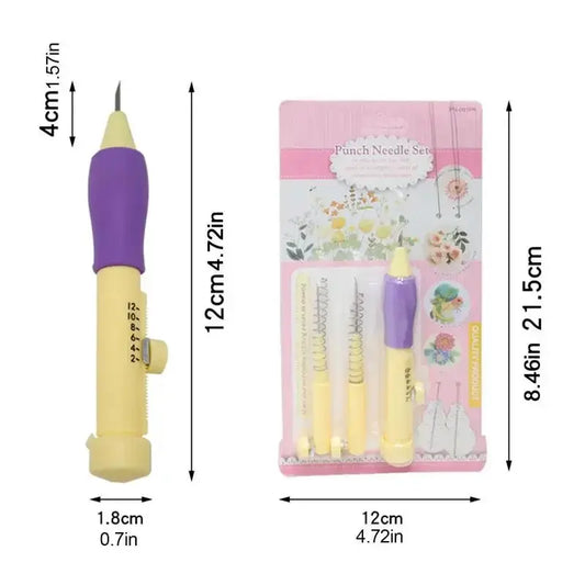 Punch Needle Kit with adjustable needle length, ergonomic curved handle, and multiple needle sizes for easy, precise embroidery and DIY craft projects.