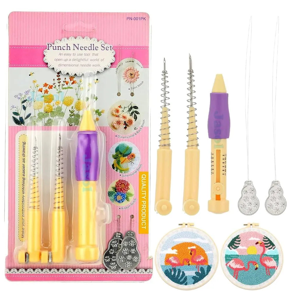 Punch Needle Kit with adjustable needle length, ergonomic curved handle, and multiple needle sizes for easy, precise embroidery and DIY craft projects.