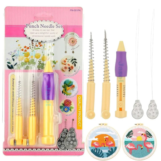 Punch Needle Kit with adjustable needle length, ergonomic curved handle, and multiple needle sizes for easy, precise embroidery and DIY craft projects.