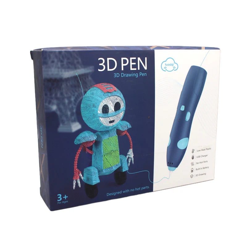 Kids 3D Drawing Pen with USB charging – safe design, no hot parts, includes micro-USB charger, works with child-friendly PCL filaments.