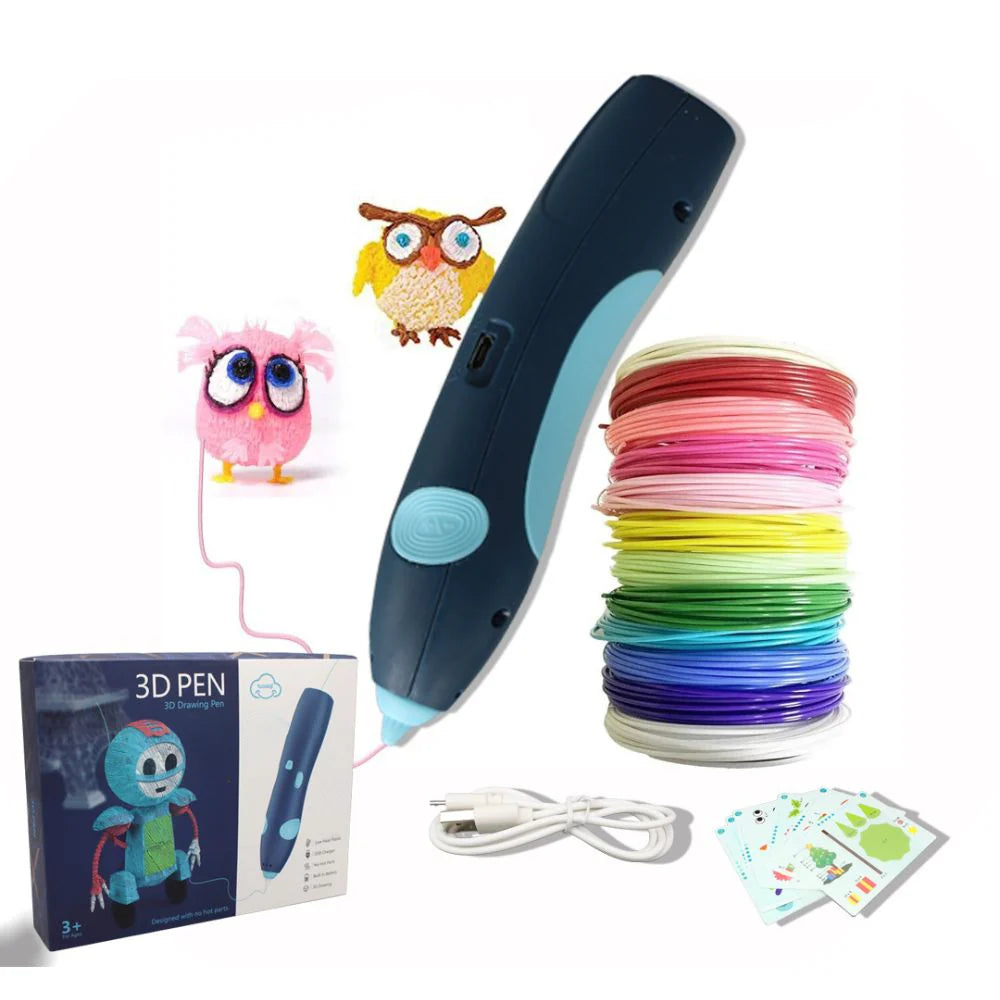 Kids 3D Drawing Pen with USB charging – safe design, no hot parts, includes micro-USB charger, works with child-friendly PCL filaments.