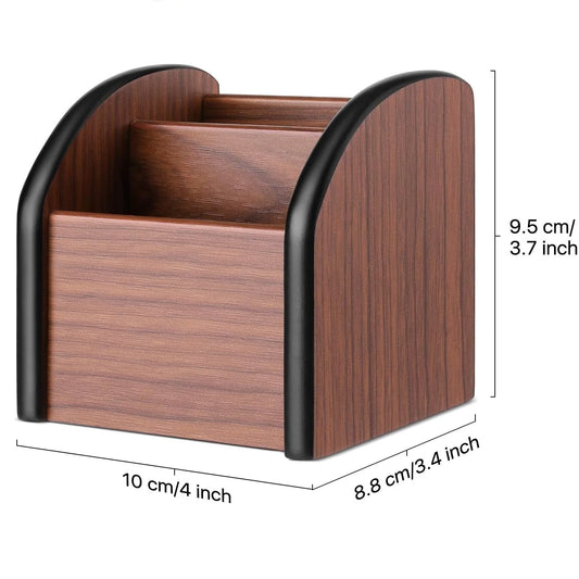 Organize your desk with our wooden remote control holder. This versatile caddy features two compartments, ideal for storing remotes, pens, and more.