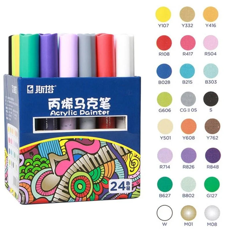 STA Acrylic Paint Marker Pens 24 Colors Art Permanent Markers for DIY Glass, Ceramic, Rock, Wood, Canvas, Metal, Fabric,Highly Pigmented Acrylic Pens Great for Beginners, Hobbyists Professional Artist 24 Colors non toxic liquid marker pens, medium tips, pen tip made of high quality nylon material, excellent written painting experience
