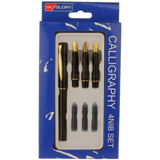 SKY GOLD CALLIGRAPHY 4 NIB SET 1SET OF CAP BARREL W GOLD PLATED METAL CLIP 4 GENUINE GOLD PLATED NIB SET in different size 3 INK CARTRIDGES EU STANDARD SIZE