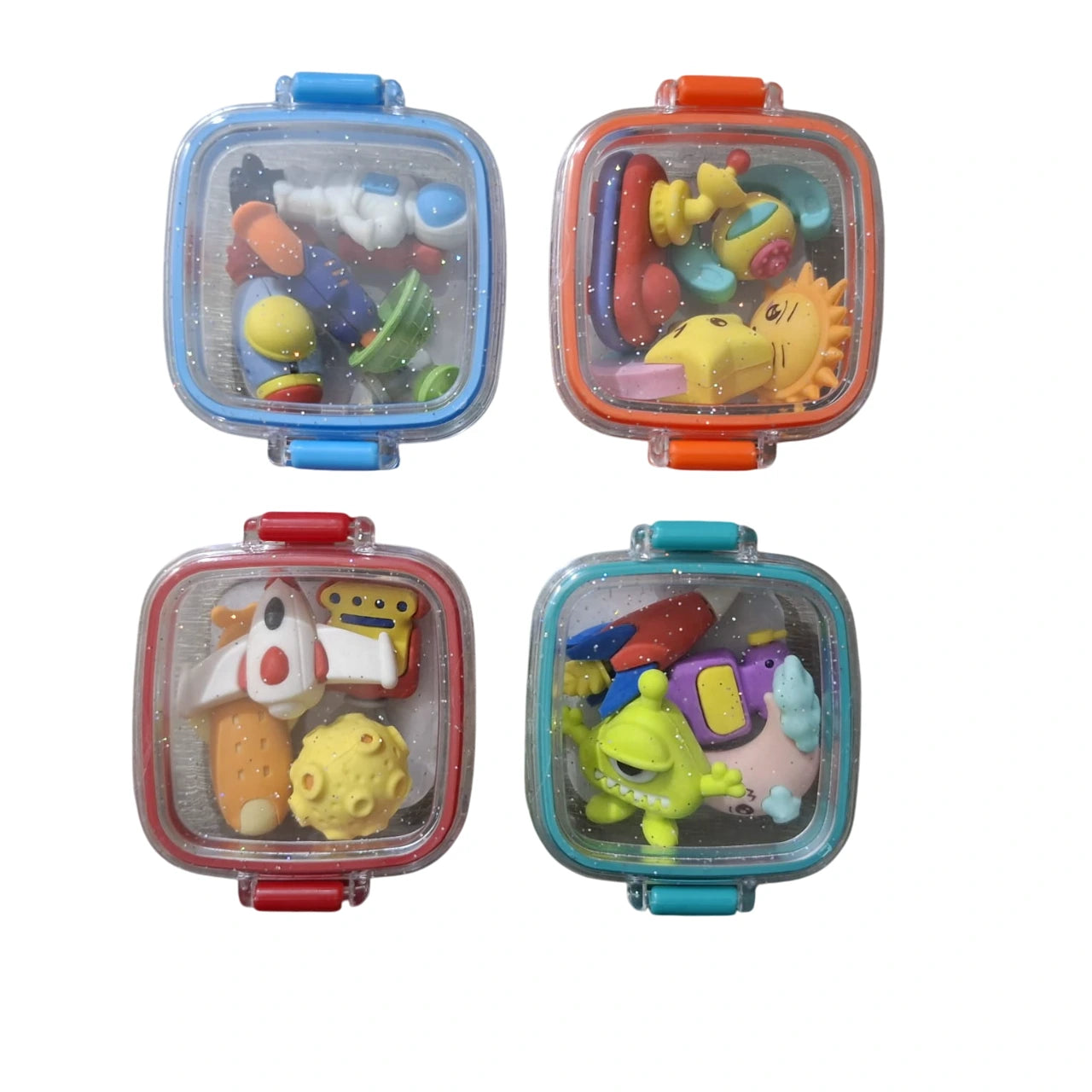 Shop the Space Eraser box containing 4 mini erasers. These fancy stationery rubbers are designed for kids, making them a delightful choice for girls and boys.