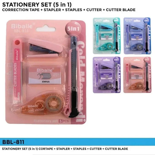 Shop our comprehensive 5-in-1 stationery set, featuring essential tools like a paper cutter, stapler with pins, correction tape, and cutter blades for convenience.