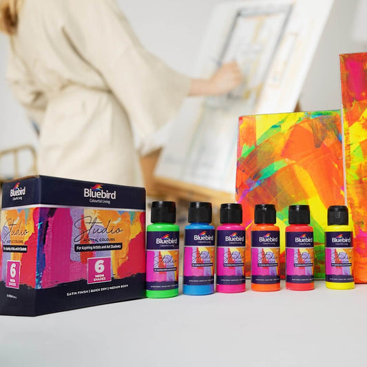 Set of 6 neon acrylic paint tubes, 100ml each, featuring bright fluorescent colors for bold, vibrant art and craft projects.