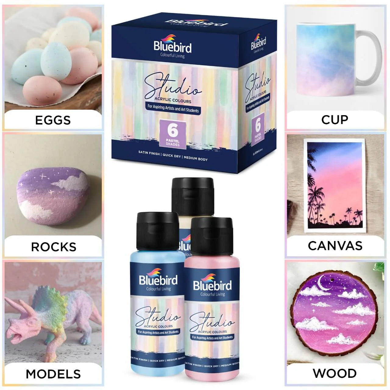 Set of 6 beautiful pastel shades (100ml each) Smooth, creamy texture for easy blending Quick-drying, long-lasting, and fade-resistant Works on canvas, paper, wood, and fabric Ideal for artists, students, and craft lovers Create dreamy, soft-toned masterpieces with this pastel acrylic paint set!