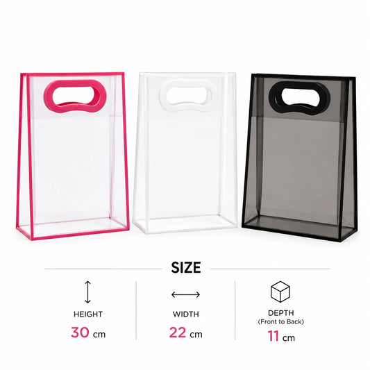 Shop high-quality transparent PVC gift bags with die-cut handles. Ideal for eco-friendly shopping and gifting. Visit Qasimstationers.pk for the best prices!