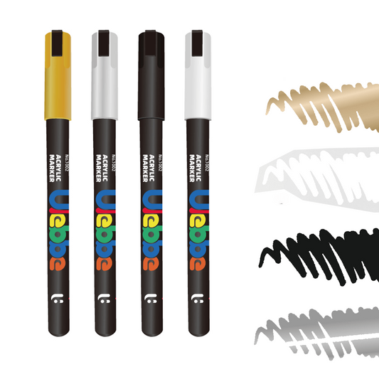 Permanent acrylic paint marker Available in 4 colors Golden, Silver, Black, and white Acrylic ink Waster Based Line Width 2 3mm 0 07 0 12in Cover the cap right after use in case of the ink dries Children should use the makers in the company of adults Artwork on almost any surface such as paper, stone, pottery, Canvas, Rock, Wood, Ceramic, Glass, Leather, Fabric, Plastic, Metal, Stone After painting on ceramics, dry it for 12 hours in a natural way or bake it in the oven for 30 minutes at 300 350°F 150 175℃