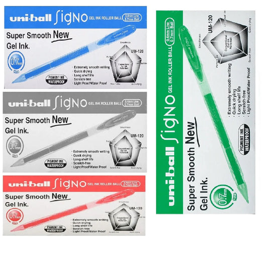 Shop the Uni Ball Signo Gel Pen 0.7mm (Model: UM 120) in an array of colors: Blue, Green, Black, Red, and Golden. This 12-piece set is proudly made in Japan for exceptional performance.