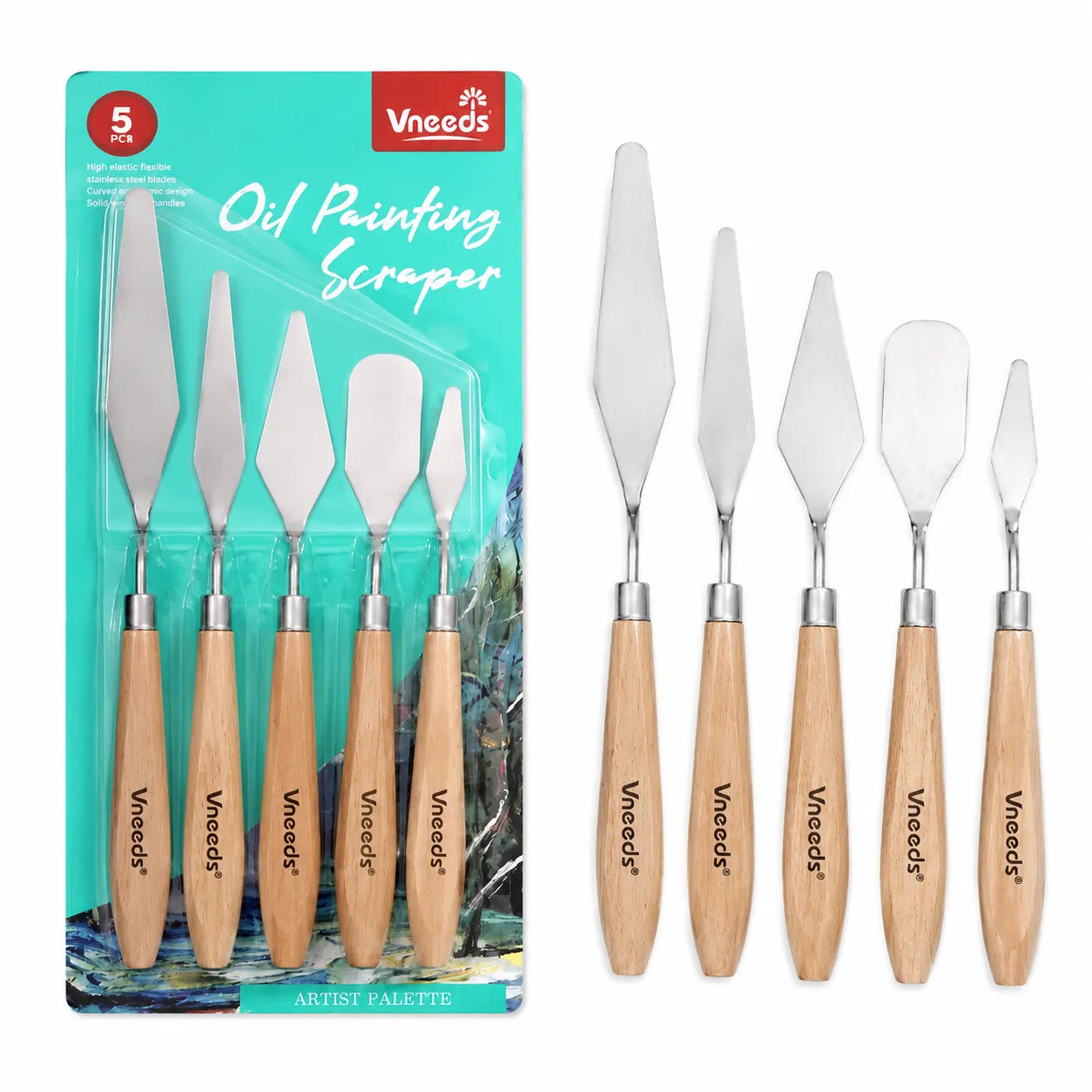Shop the Vneeds 5-Piece Palette Knife Set, designed for artists using acrylic, oil, and sculpture techniques. High-quality tools at Qasimstationers.pk!