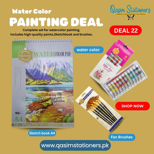 A complete watercolor painting set featuring high-quality "Keep Smiling" paints and brushes, along with a premium watercolor pad. Designed for both beginners and experienced artists, the set offers vibrant colors, smooth application, and professional-quality tools to inspire creativity.