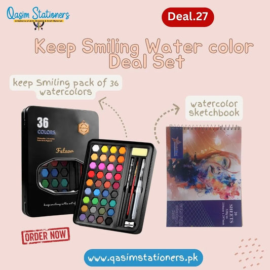 Keep Smiling Watercolor Deal Set featuring 36-color palette and 20-sheet sketchbook, displayed as part of Deal.27 by Qasim Stationers
