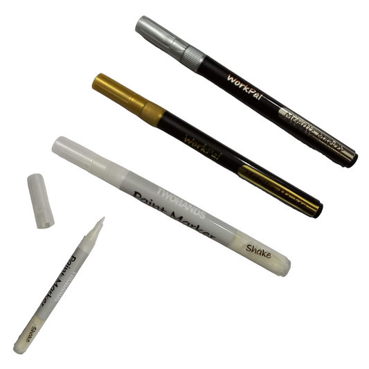 Create stunning designs with our acrylic paint markers! Quick-drying, water-resistant ink for smooth surfaces. Available in White, Gold, and Silver.