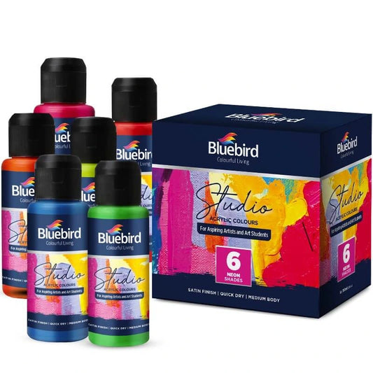 Light up your creations with Bluebird Studio's neon acrylic colours! This 6-pack offers vibrant shades perfect for canvas, wood, and fabric projects.