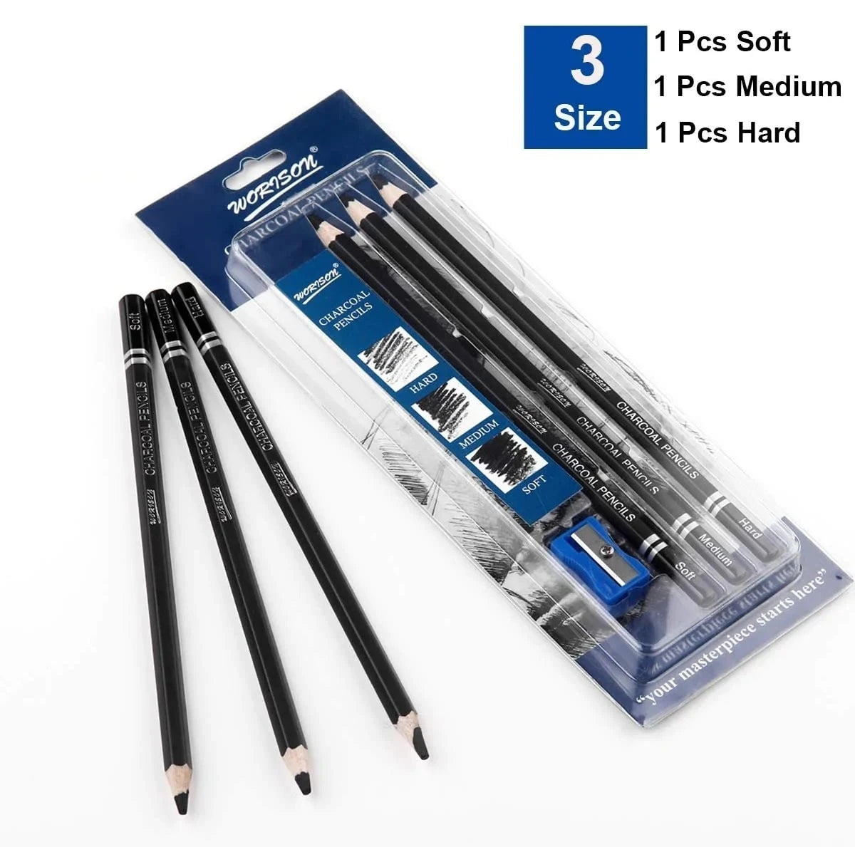 Experience the quality of the Worison Professional Artist Black Charcoal Pencils Set. This three-piece collection includes soft, medium, and hard pencils for diverse techniques.