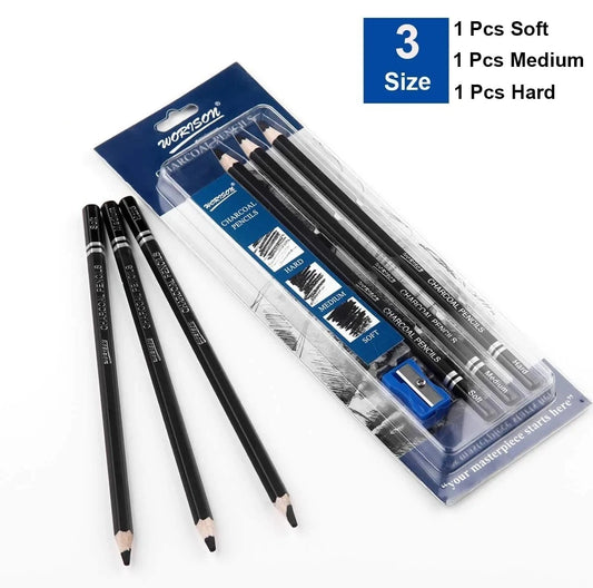 Experience the quality of the Worison Professional Artist Black Charcoal Pencils Set. This three-piece collection includes soft, medium, and hard pencils for diverse techniques.