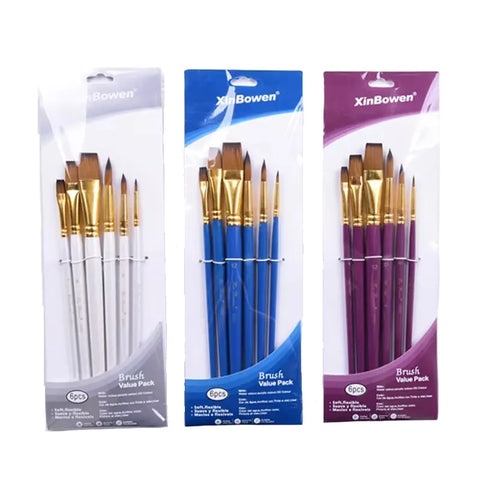 Pack of 6 - 03 Round And 03 Flat Tip - For Base, Acrylic, Oil And Water Color Painting