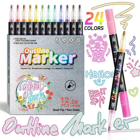 Dual-Tip Outline Marker Set, 12 Pens, 24 Colour Effect, Glitter Style Pens for Drawing, Cards, Notes, Doodles and Creative Art Projects