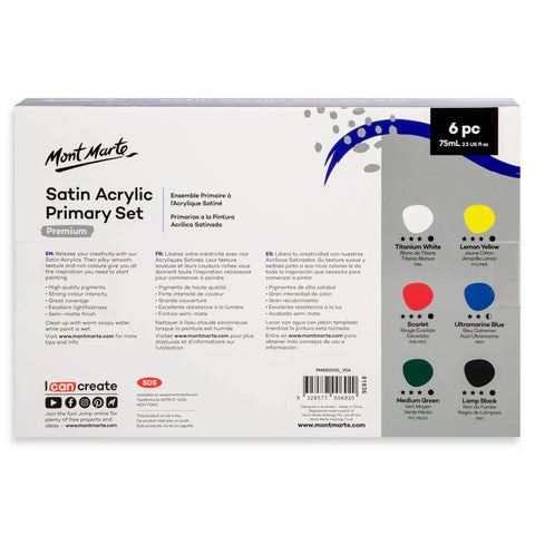 Mont Marte Satin Acrylic Paint Color Primary Set 6 x 75ml