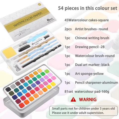 Keep Smiling Solid Watercolor Paint Set 45 Pcs With Water Bush and Paper