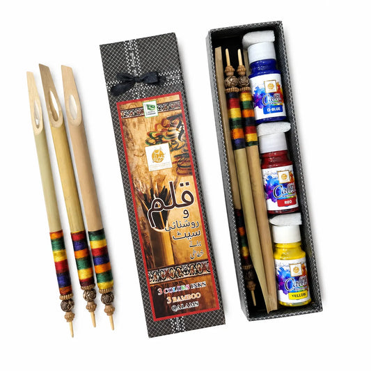 Shop the exquisite 3pcs Fancy Calligraphy Pen Qalam set, featuring handmade bamboo reeds and ink. Ideal for Arabic, Urdu, and Farsi calligraphy.