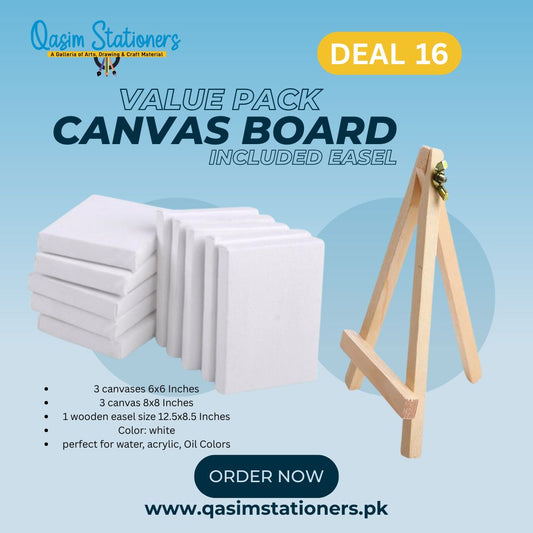 7Pcs Value Pack Canvas Board Included Easel (3*6x6, 3*8x8, 1*Wooden Easel) at Best Price in Pakistan. Best Art Supplies, Office & Stationery Store. ✓Free Delivery ✓Cash on Delivery ✓Deals 
