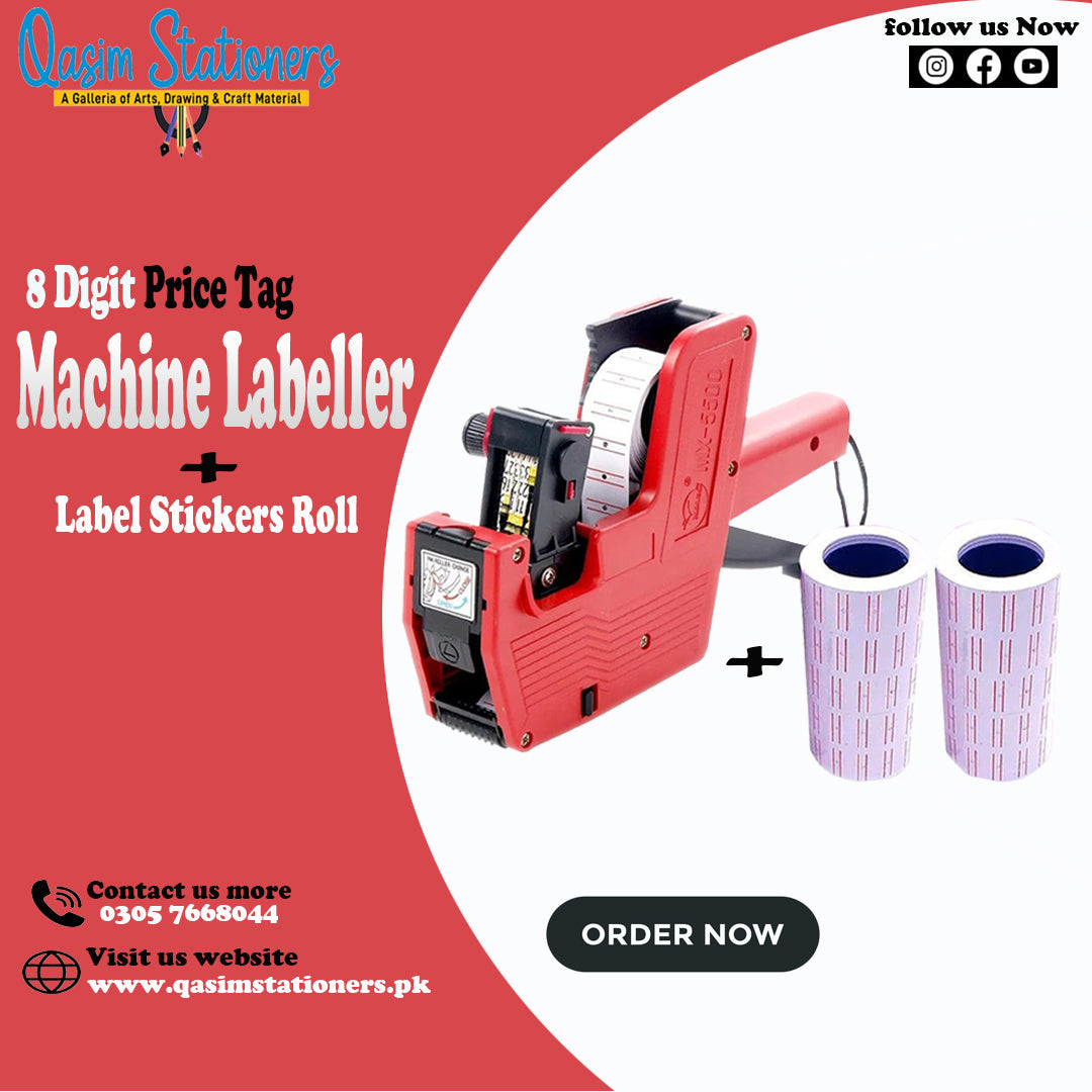 8 Digit Price Tag Machine Labeller + 10 Label Stickers Roll + 1 Ink Roller - Multicolor at Best Price in Pakistan. Best Art Supplies, Office & Stationery Store. ✓Free Delivery ✓Cash on Delivery ✓Deals 
