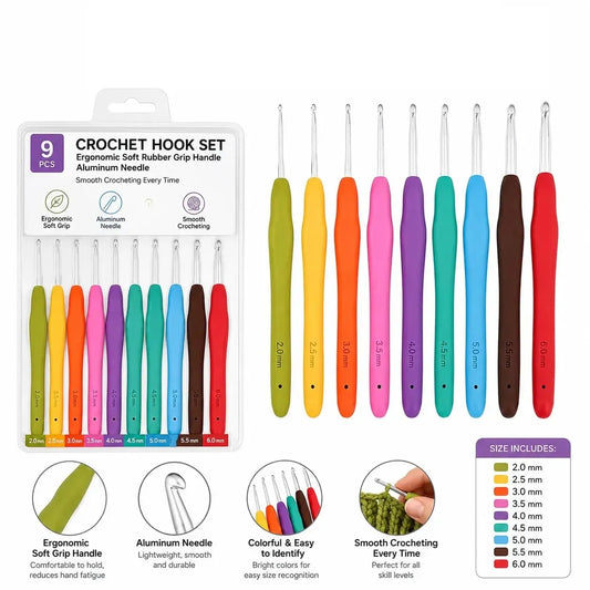 Shop the 9 Pcs Rubber Grip Crochet Hooks Set (2mm–6mm) at Qasimstationers.pk. Ergonomic design for comfortable crafting, ideal for amigurumi and DIY projects!