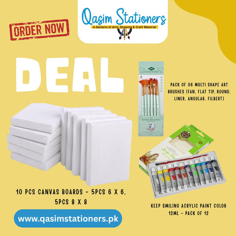 Packaged Includes
6 x Multi shapes Brushes

Keep Smiling Acrylic Paint pack of 12 (12ml)
5 pcs Canvas 6x6
5 pcs Canvas 8x8
Excellent Material Quality
Original Brands