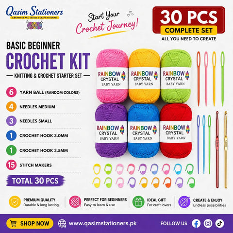30-piece beginner crochet kit featuring 6 colorful yarn balls, 2 crochet hooks, plastic needles, and stitch markers for knitting and crochet projects.