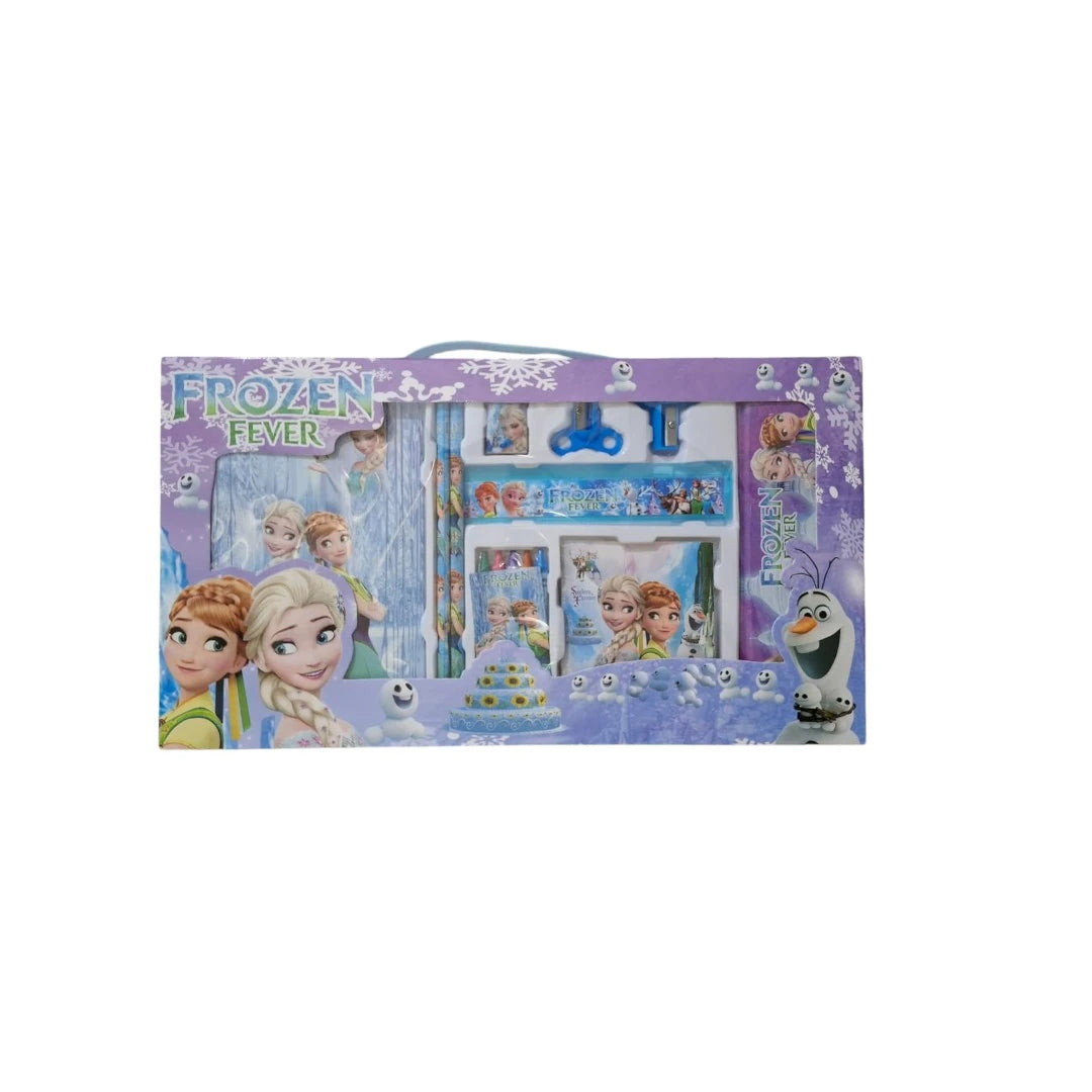 14-in-1 cartoon stationery set for kids featuring pencils, crayons, notebooks, eraser, sharpener, and geometry box perfect for school and gift purposes.