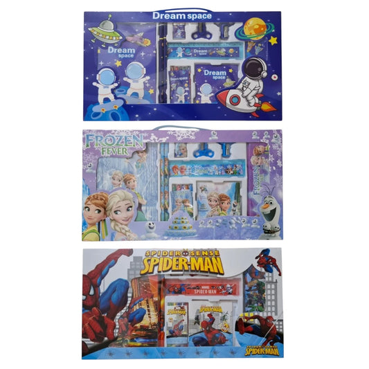 14-in-1 cartoon stationery set for kids featuring pencils, crayons, notebooks, eraser, sharpener, and geometry box perfect for school and gift purposes.