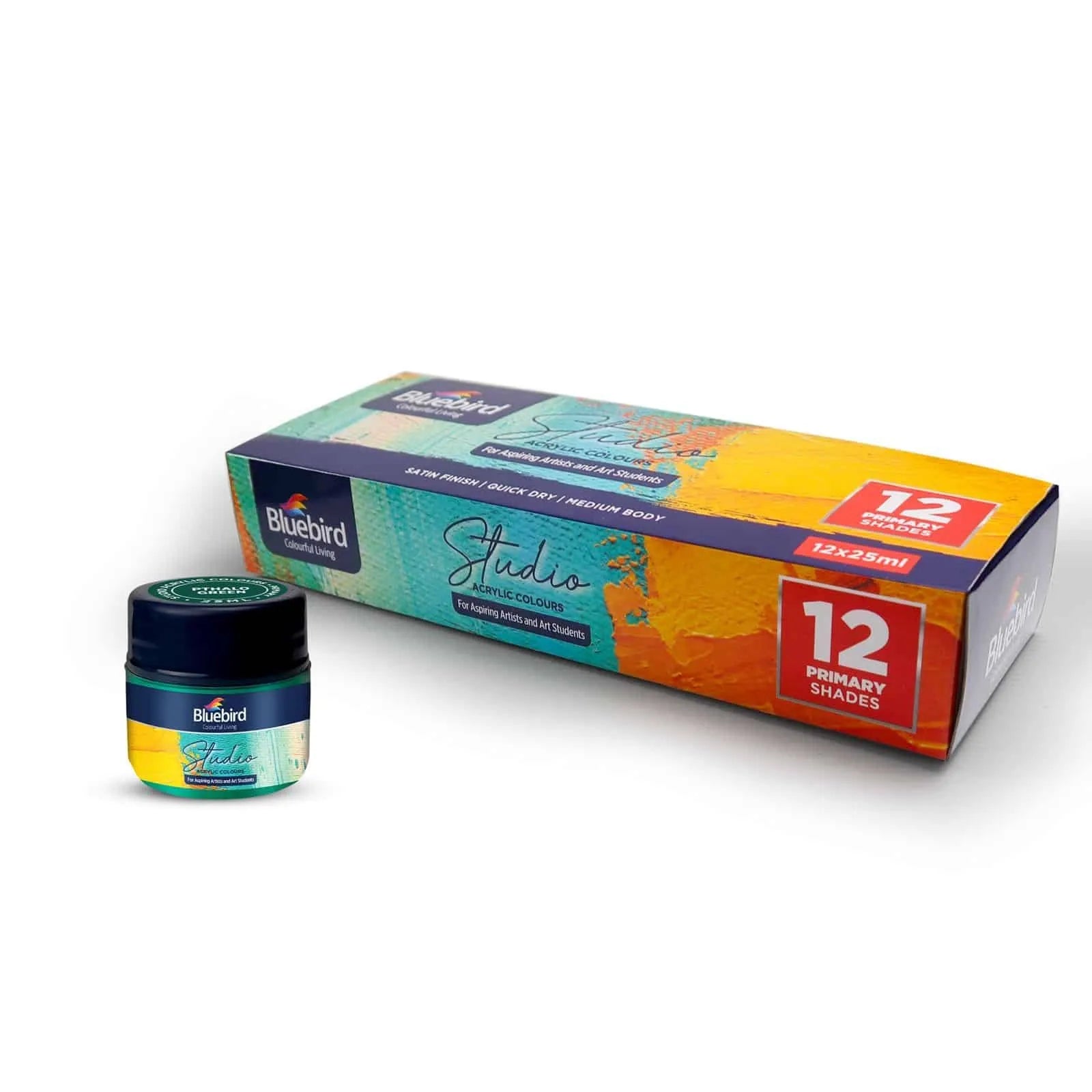 Transform your artistic expression with Bluebird Studio Acrylic Colours. This set of 12 primary shades in 25 ml bottles delivers exceptional quality and color.