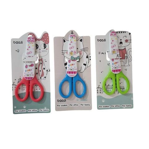 Shop Children's Safety Scissors with a protective cap and adorable cartoon cat design. Ideal for school and crafts, available now at Qasimstationers.pk.
