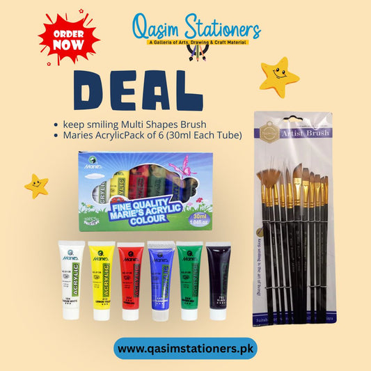 Packaged Includes
Keep Smiling Multi shapes Brushes

Marie's Acrylic Paint pack of 6 (30ml)
Excellent Material Quality
Original Brands