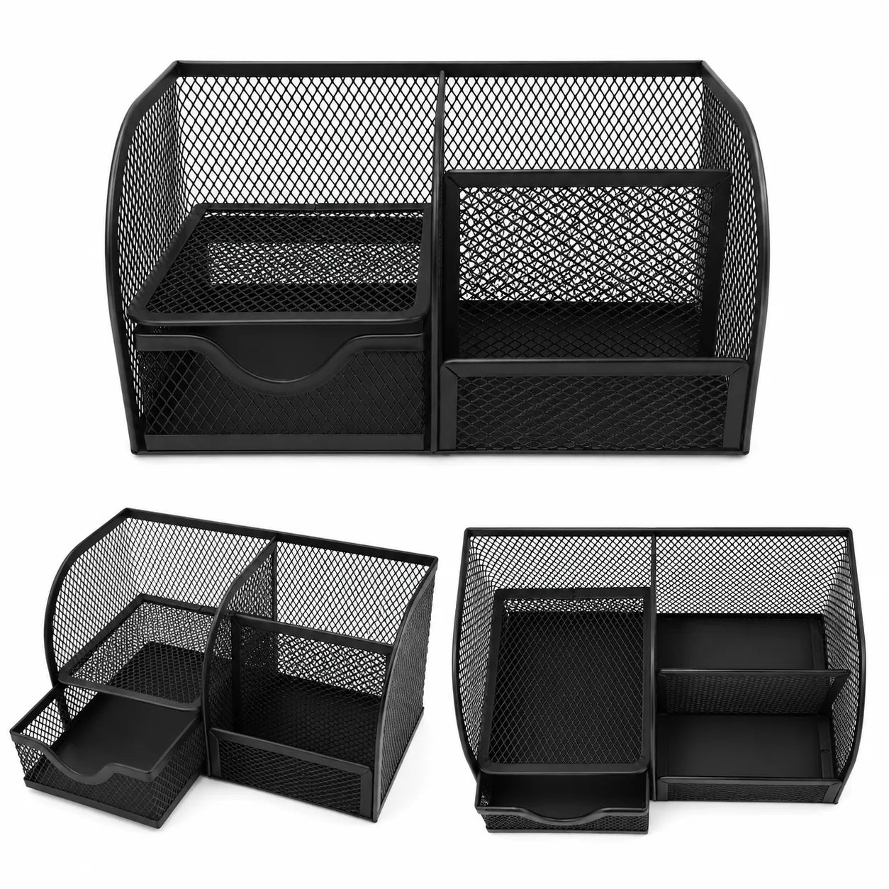 Shop the ultimate desk organizer with 4 compartments and a drawer. This black mesh metal pen stand is available online at Qasimstationers.pk for an unbeatable price.