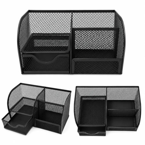 Shop the ultimate desk organizer with 4 compartments and a drawer. This black mesh metal pen stand is available online at Qasimstationers.pk for an unbeatable price.