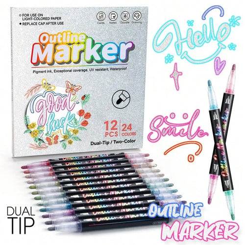 Shop the Dual-Tip Outline Marker Set, featuring 12 pens and 24 glitter colors. Perfect for notes, cards, and art projects. Available now at Qasimstationers.pk.