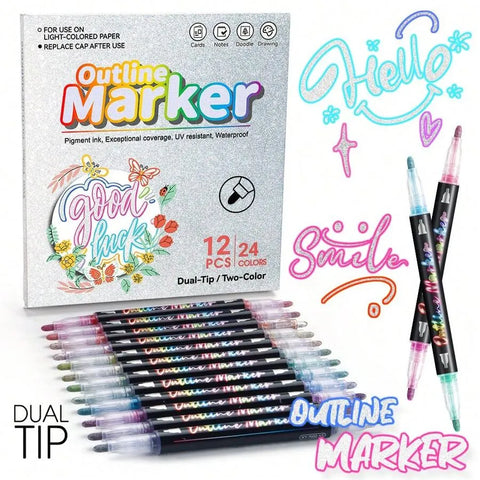 Shop the Dual-Tip Outline Marker Set, featuring 12 pens and 24 glitter colors. Perfect for notes, cards, and art projects. Available now at Qasimstationers.pk.