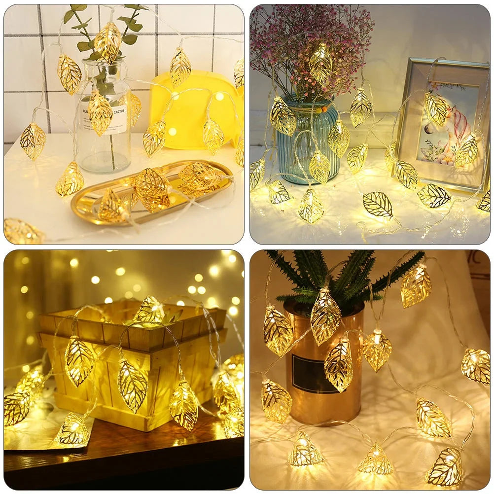 Electric golden leaf LED metal string lights for Ramadan and festive home decoration